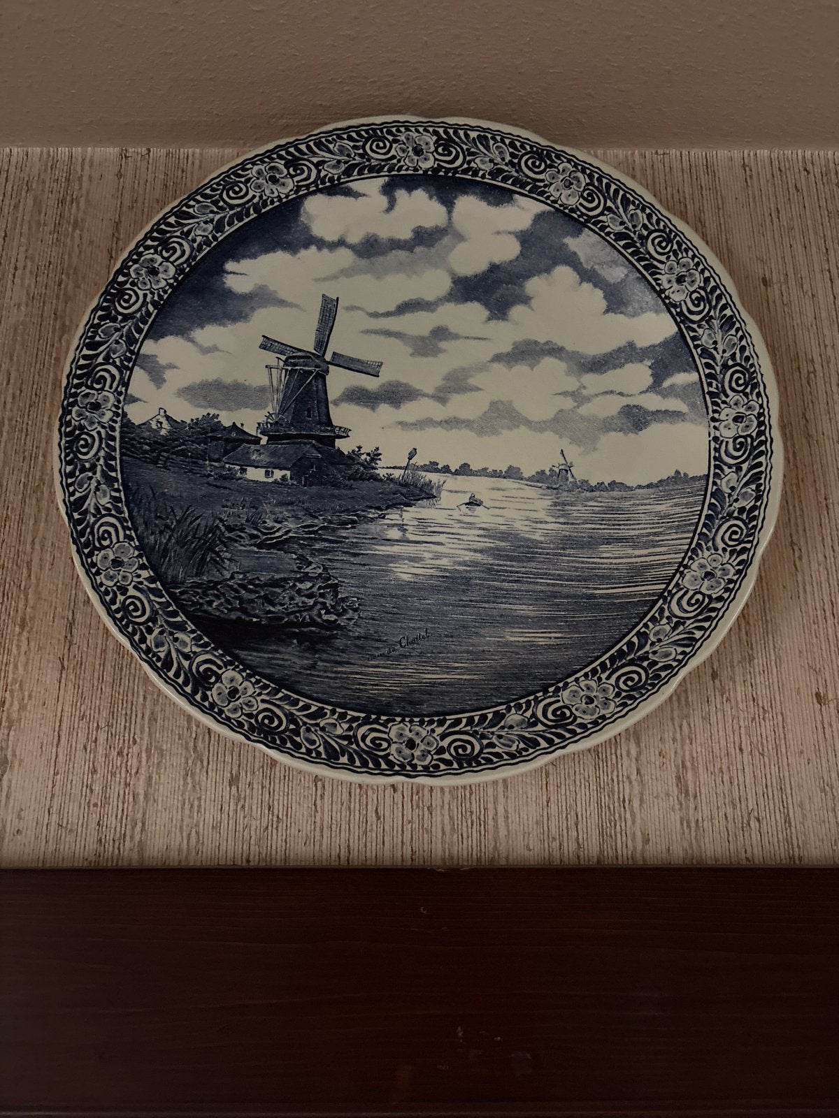Delfts blauw wandbord met molenlandschap, Ophalen of Verzenden