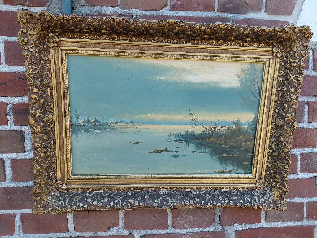 Schilderij waterlandschap met boerderijen., Paneel, Nederlandse school, Verzenden, Bijzondere lijst