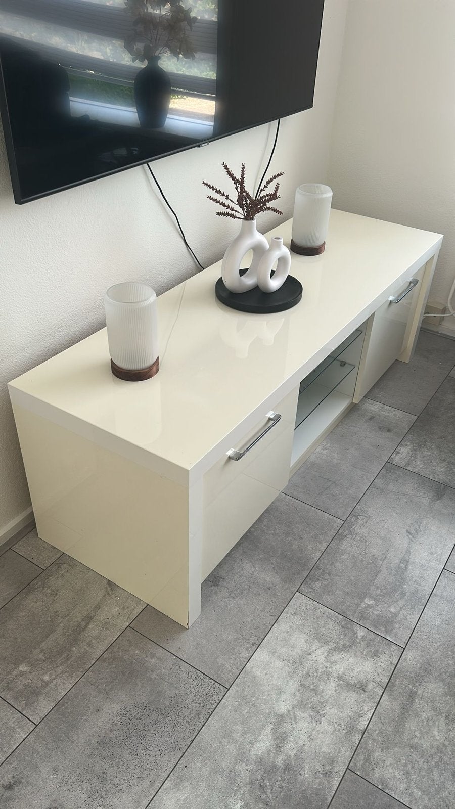 Set van 3 hoogglans meubels: TV-meubel, eettafel, salontafel, Ophalen, Overige materialen, Gebruikt, 100 tot 150 cm