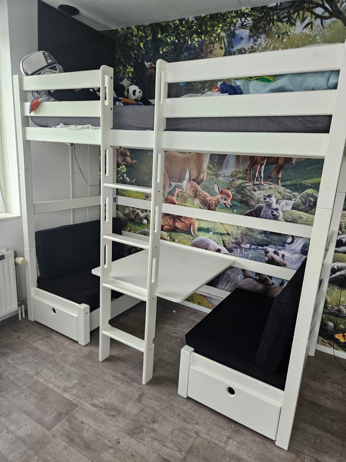 Stapelbed met verstelbare lattenbodem en opberglades, Ophalen, Hoogslaper, Eenpersoons, 210 cm