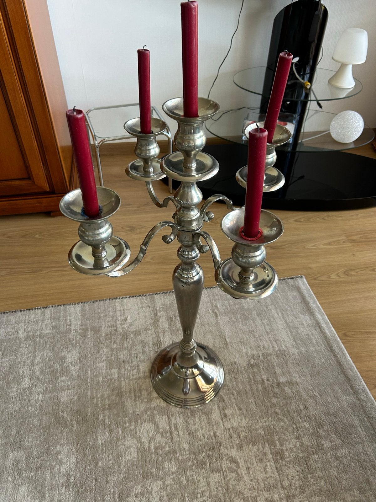 Grote zilverkleurige kandelaar met 5 armen, Antiek en Kunst, Ophalen, Overige materialen