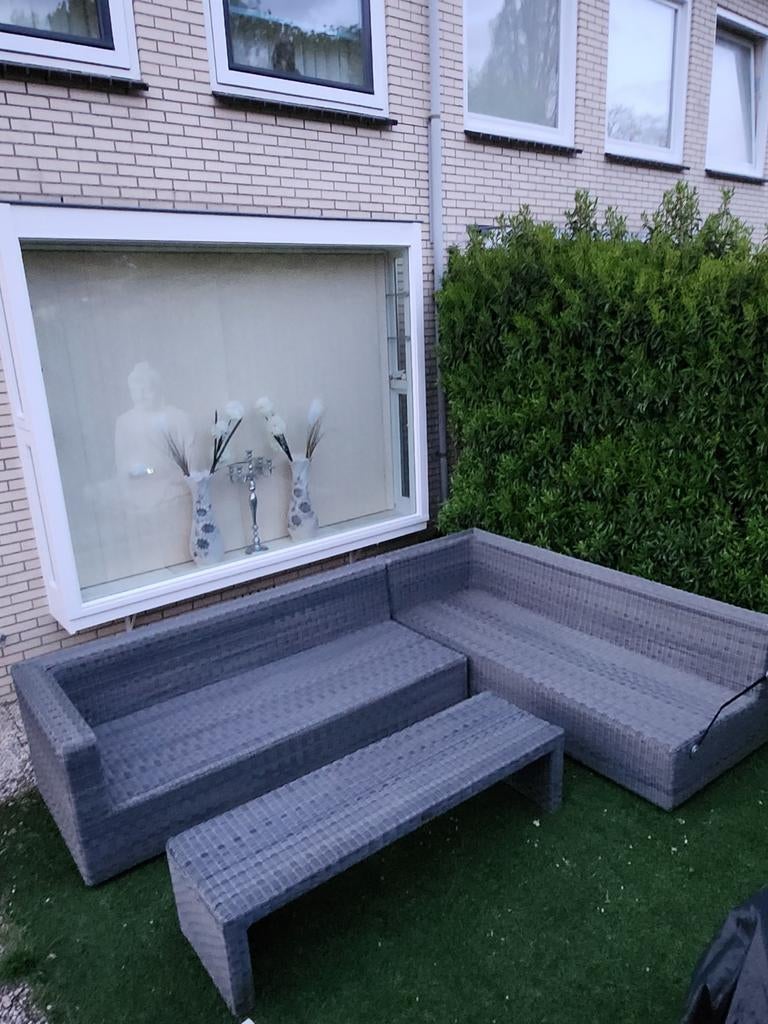 Luxe loungeset BELLAGIO 2m x 2m met lange hocker/tafel €100, Ophalen, Rotan, Loungeset, Bank