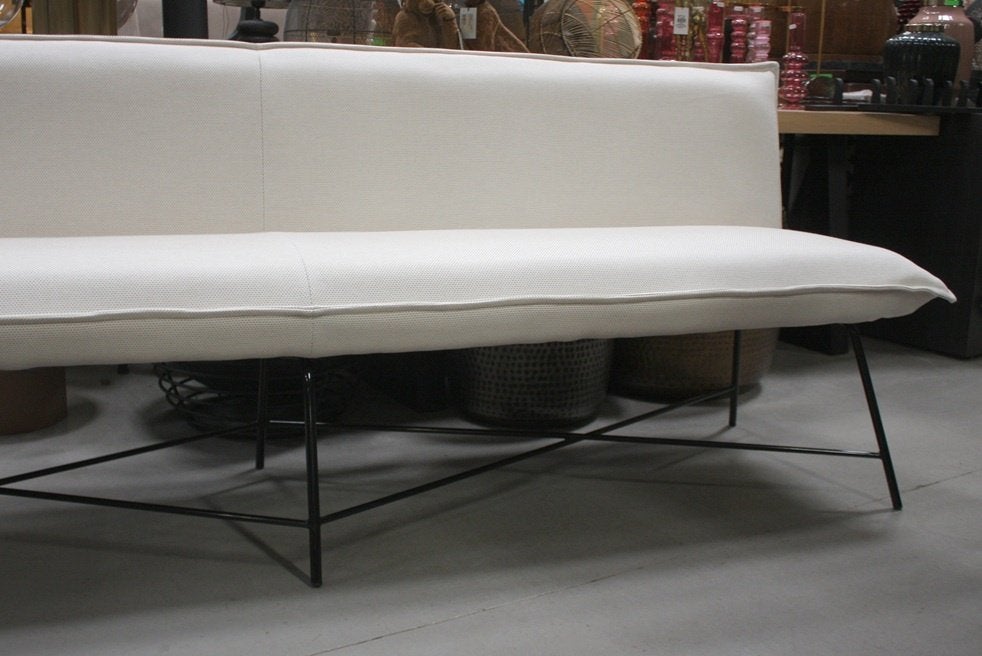 Luxe lange eetkamerbank Vidar Jess metaal stof naturel 290cm, Ophalen, Overige kleuren, Zo goed als nieuw, Metaal