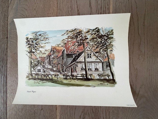 Prent aquarel van Alf Pedersen. Gamle Bergen Noorwegen., Ophalen