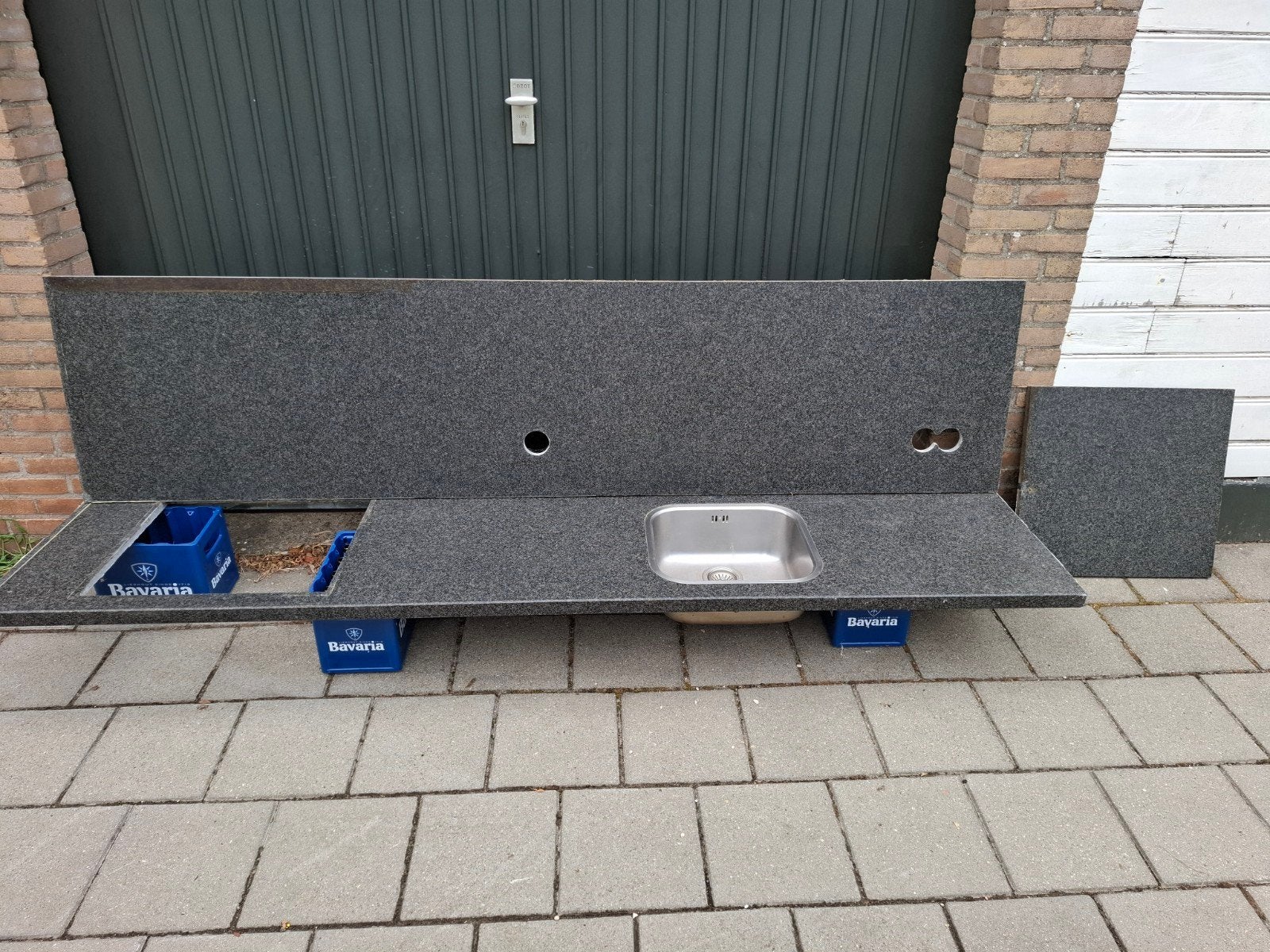 Granieten aanrechtblad met spoelbak, achterwand en zijwand, Ophalen, Gebruikt, Zwart, 200 cm of meer