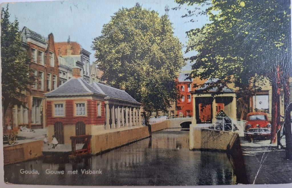 Kaart Gouda, Gouwe met Visbank, 1961, Ophalen of Verzenden, 1960 tot 1980, Gelopen, Zuid-Holland