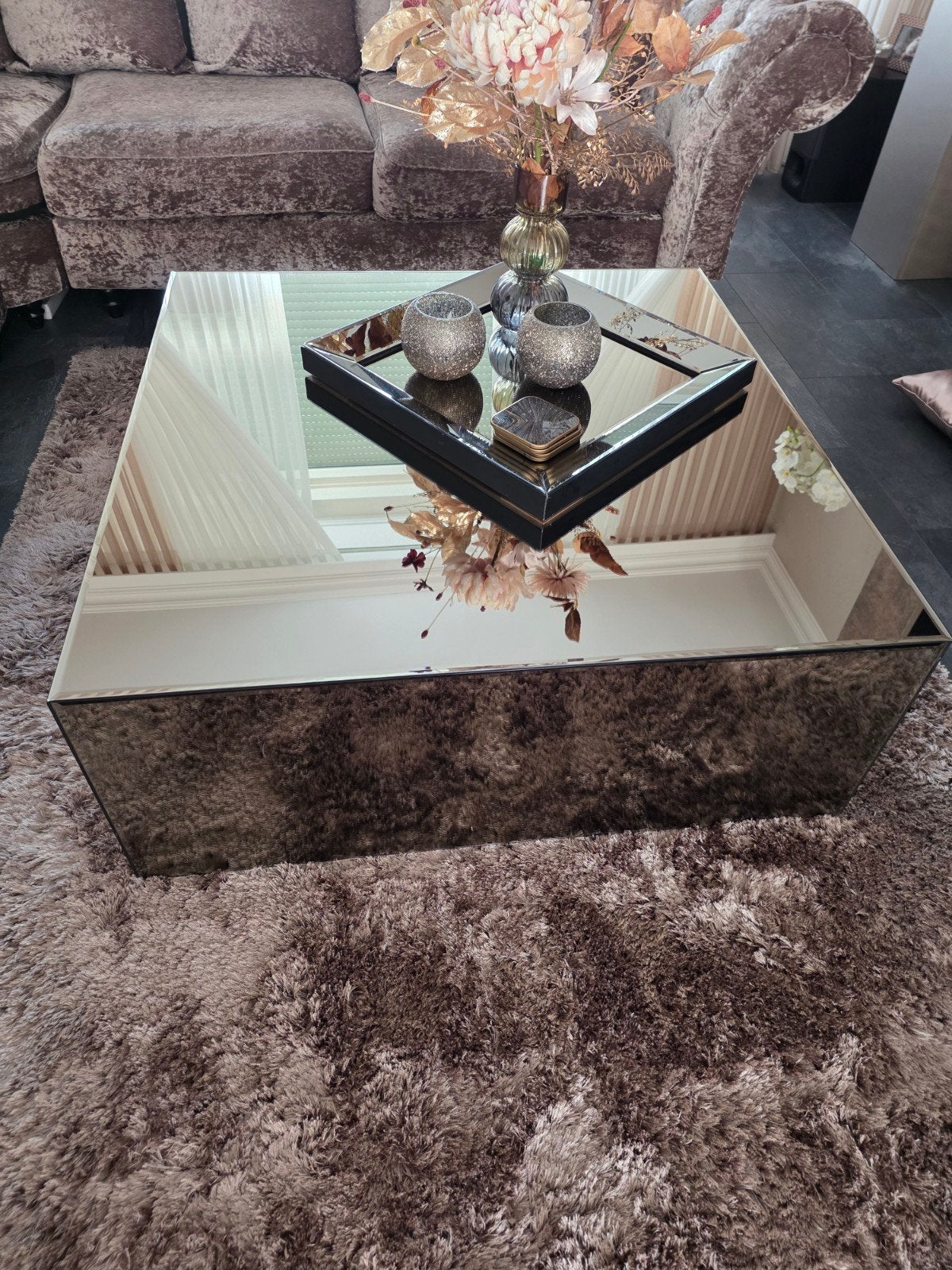Luxe spiegel salontafel - Vierkant brons sepia, Huis en Inrichting, 50 tot 100 cm, Vierkant, 50 tot 100 cm, Zo goed als nieuw
