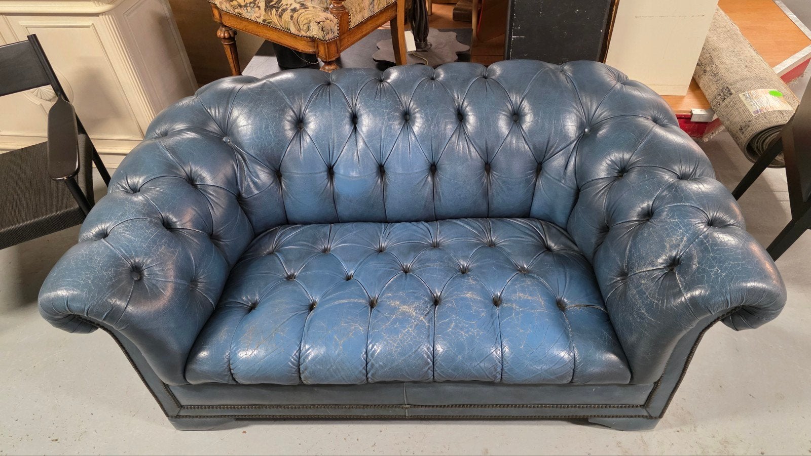 vintage blauw lederen Chesterfield bank, Ophalen