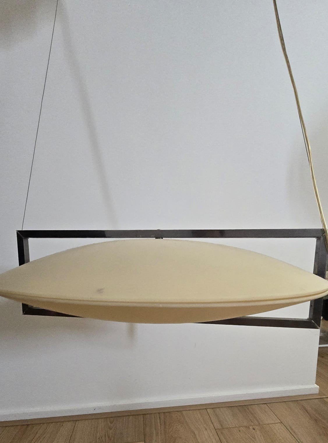 Vintage hanglamp met glazen kap en metalen frame, Ophalen, Gebruikt, E27 (groot), Glas