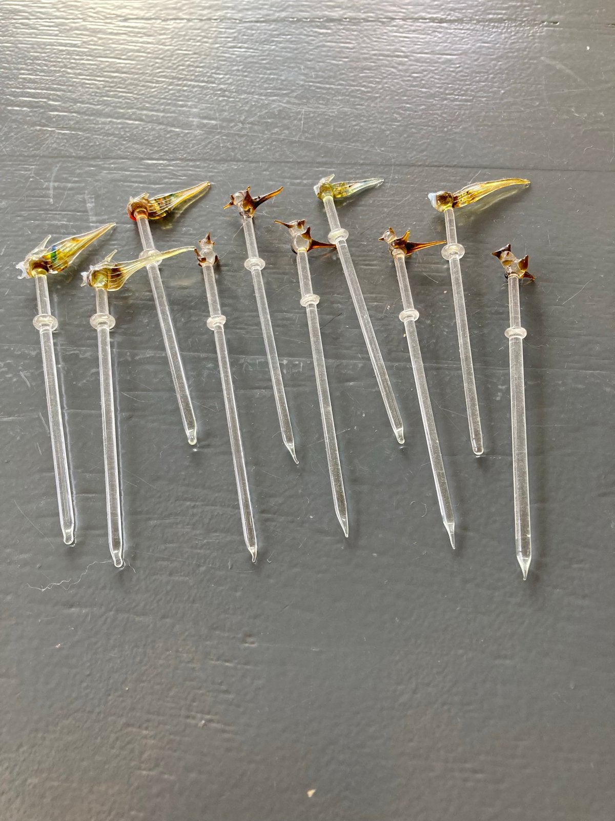 Set van 10 Glazen Cocktail Prikkers met Vogeldecoratie, Antiek en Kunst, Ophalen of Verzenden