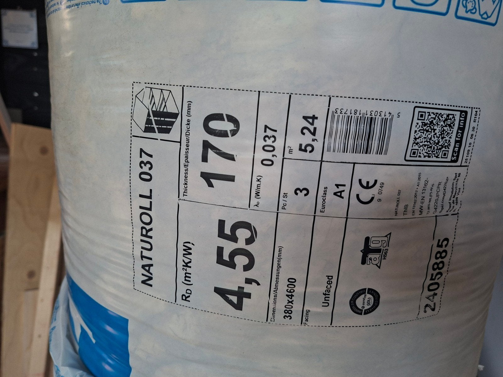 Knauf Naturoll 037 Glaswol 170mm isolatie - 4 rollen, Ophalen, Dakisolatie, 12 cm of meer, Nieuw
