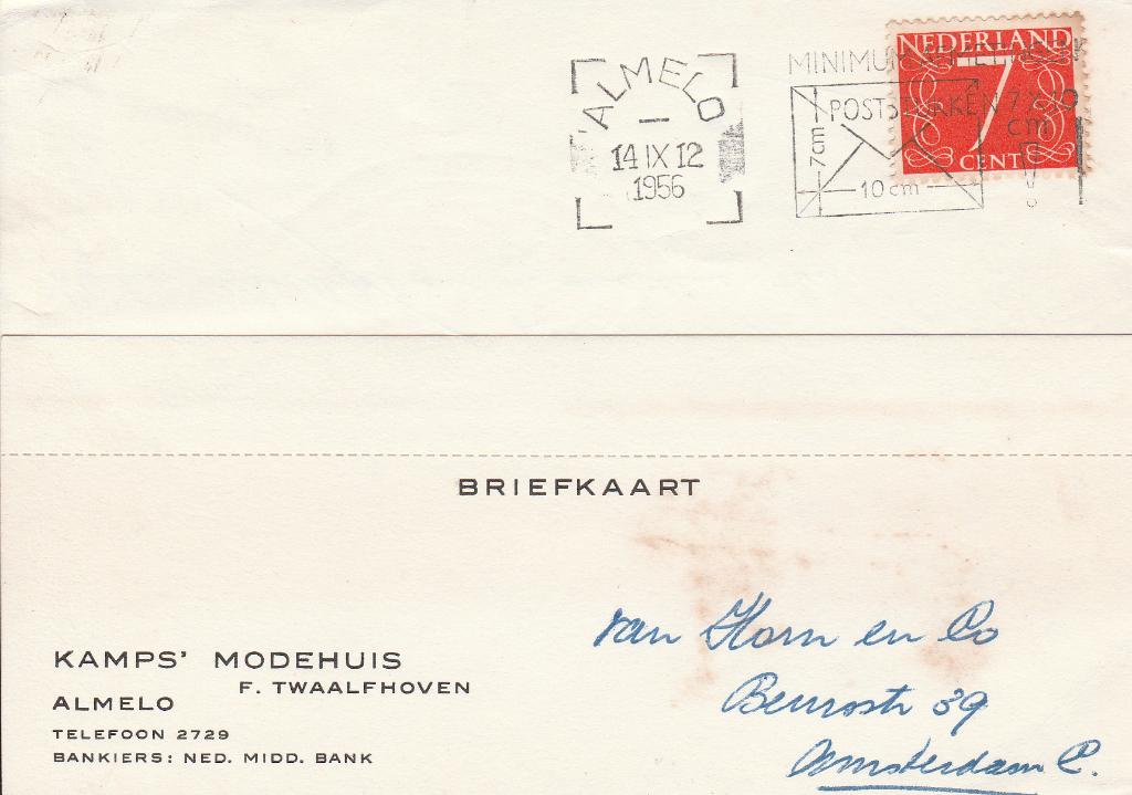 ALMELO 1956 KAMPS' modehuis  P. TWAALFHOVEN, Verzenden, 1940 tot 1960, Gelopen, Overijssel