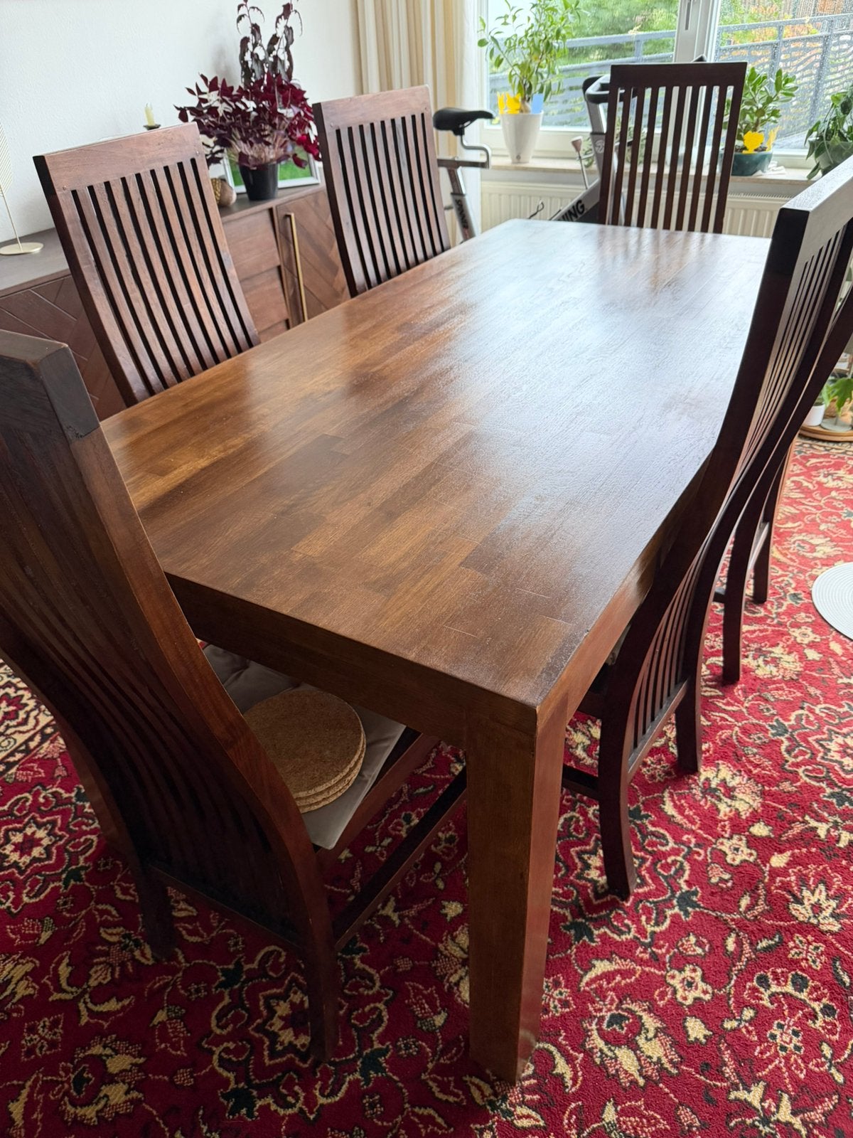 Sfeervolle Houten Eettafel + 6 Landelijke /Koloniale Stoelen, Ophalen, Gebruikt, 4 tot 6 stoelen