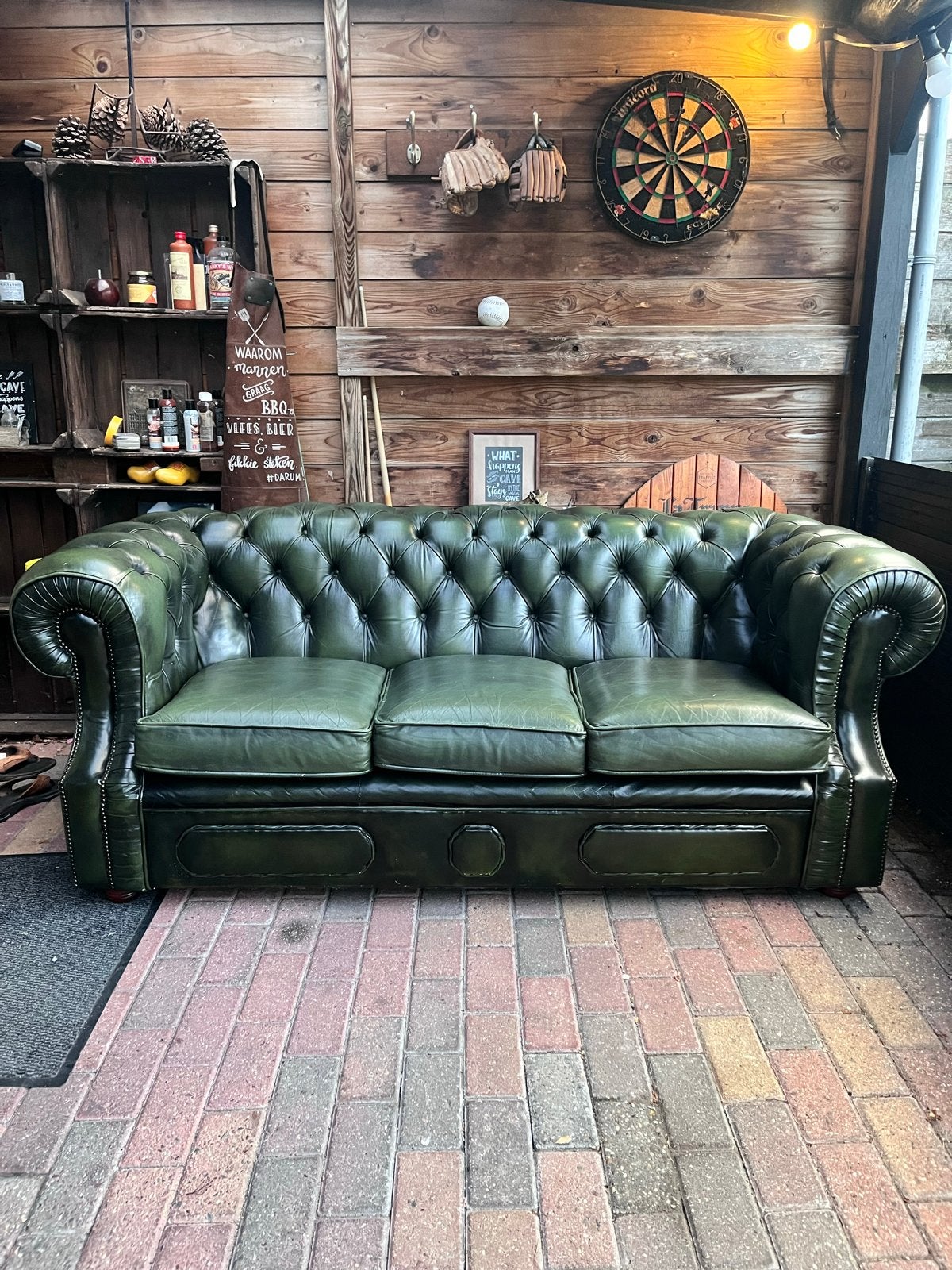 Chesterfield bank en fauteuil set - Groen leer, Gebruikt, Driepersoons, Ophalen of Verzenden, Rechte bank