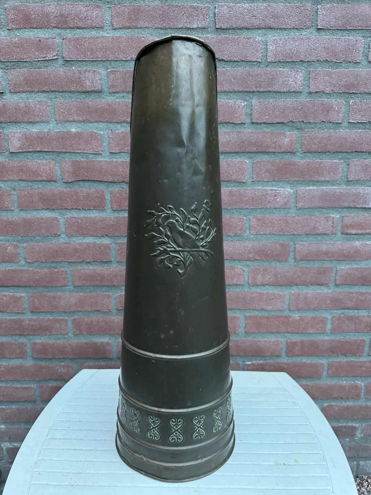 Antieke koperen kolenkit met decoratie, Antiek en Kunst, Ophalen
