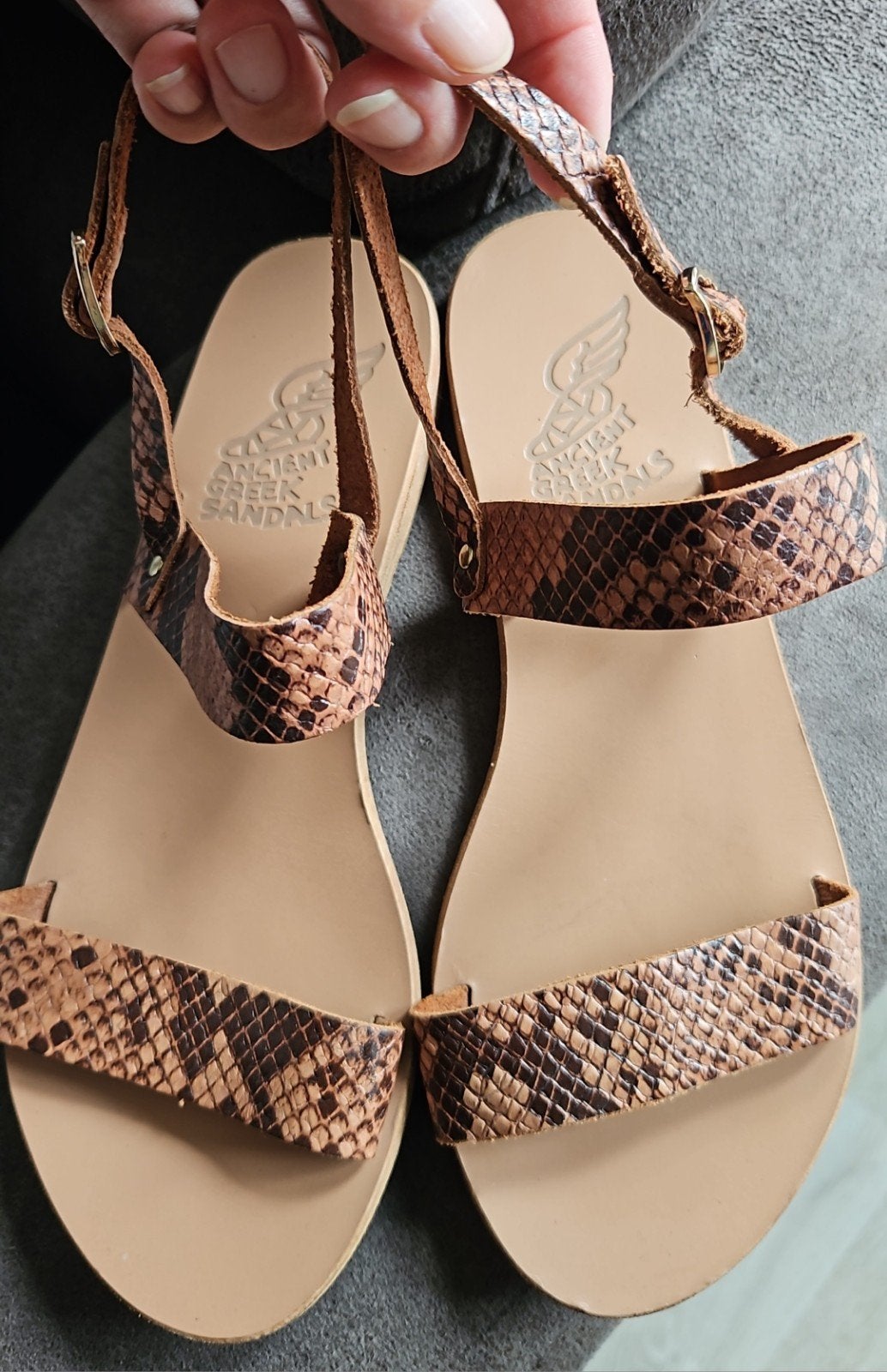 Ancient Greek sandals leren sandalen slangenprint python maa, Ophalen, Bruin, Sandalen of Muiltjes