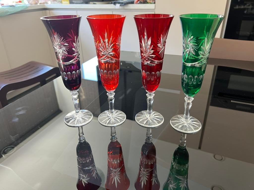 4 Bohemian kristallen champagnefluts, Ophalen of Verzenden, Zo goed als nieuw, Overige typen