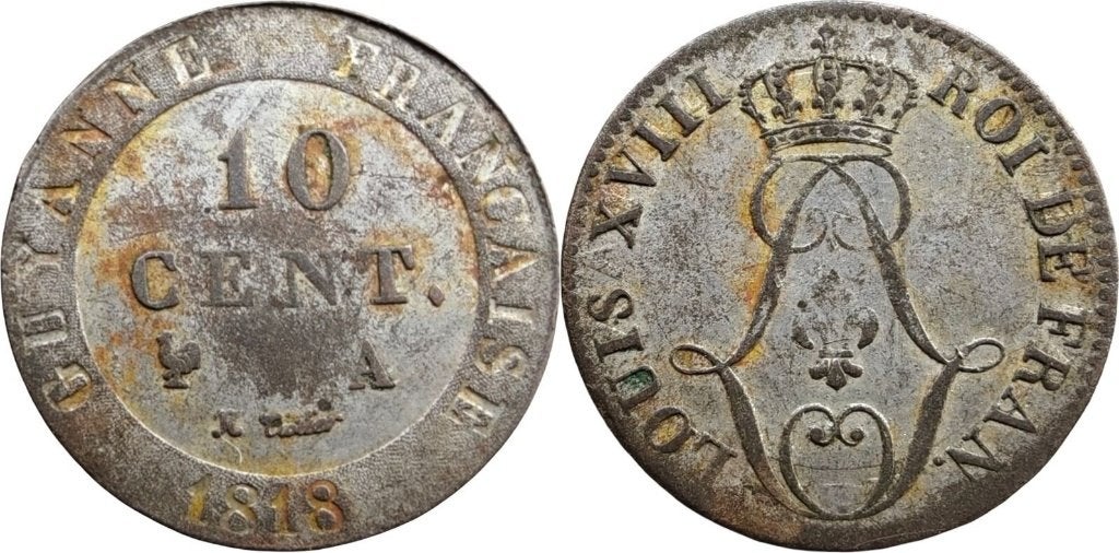 Frans Guyana 10 centimes 1818 Lodewijk XVIII Parijs, Ophalen of Verzenden, Zuid-Amerika, Losse munt