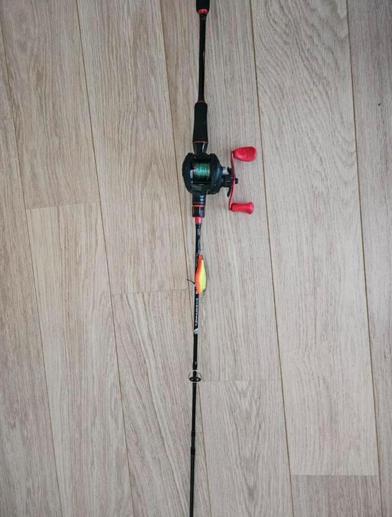 Vishengel met aasjes, Watersport en Boten, Hengelsport | Roofvissen, Ophalen of Verzenden, Zo goed als nieuw, Werphengel