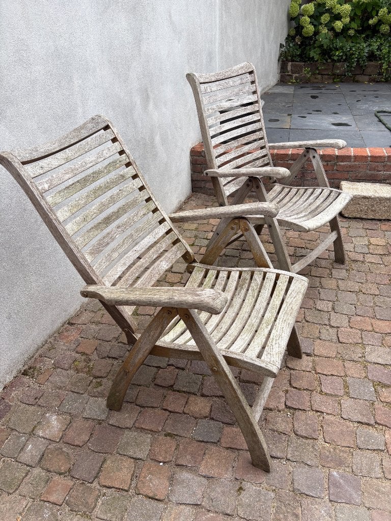 2 teakhouten verstelbare tuinstoelen, Tuin en Terras, Tuinstoelen, Ophalen, Gebruikt, Teakhout, Verstelbaar