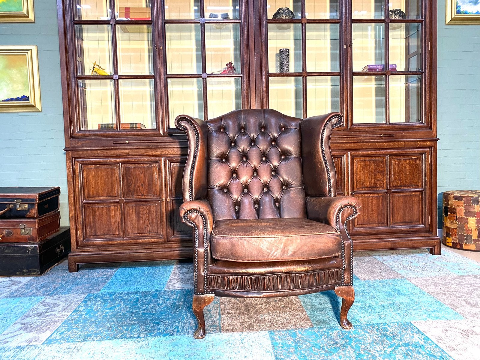 Mooi geleefd Chesterfield oorfauteuil bruin, Huis en Inrichting, Fauteuils, Ophalen, Gebruikt, 75 tot 100 cm