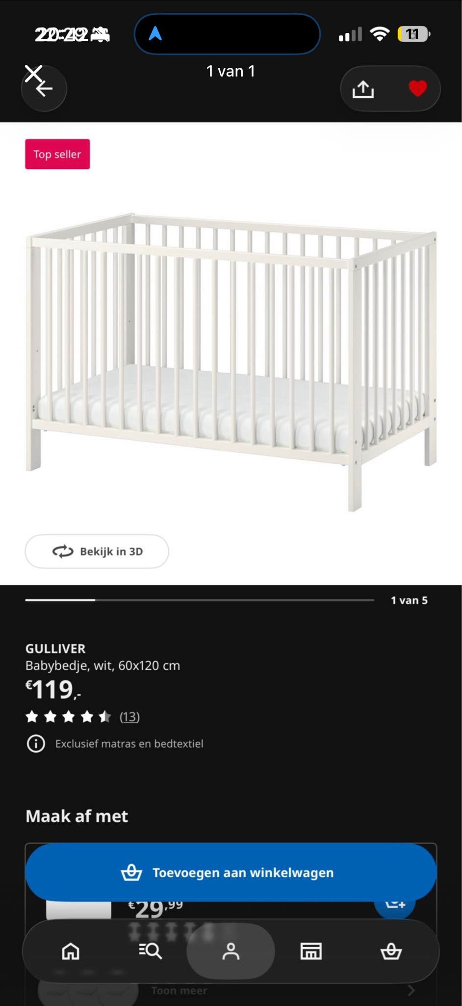 GULLIVER Babybedje, wit, 60x120 cm incl matras, Huis en Inrichting, Ophalen, Gebruikt, Wit, 200 cm