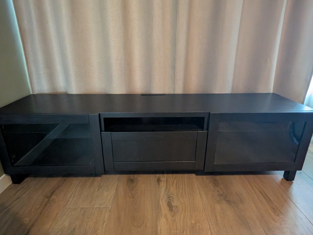 TV-meubel Ikea BESTÅ zwartbruin, Ophalen, Glas, 150 tot 200 cm, Zo goed als nieuw
