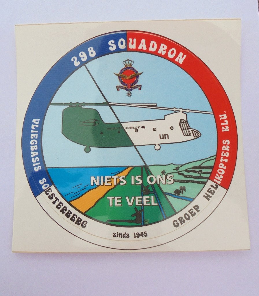 Vintage Sticker 298 Squadron Vliegbasis Soesterberg Chinook, Ophalen of Verzenden, Luchtmacht, Nederland, Embleem of Badge