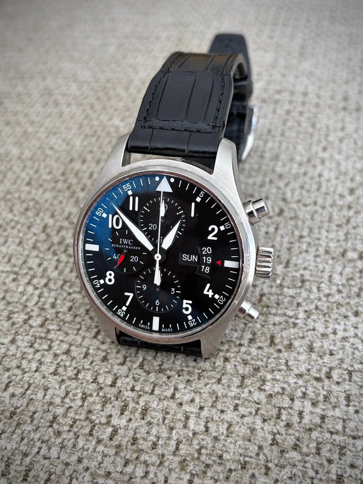 IWC Pilot Chronograaf, Leer, Staal, Polshorloge, Zo goed als nieuw
