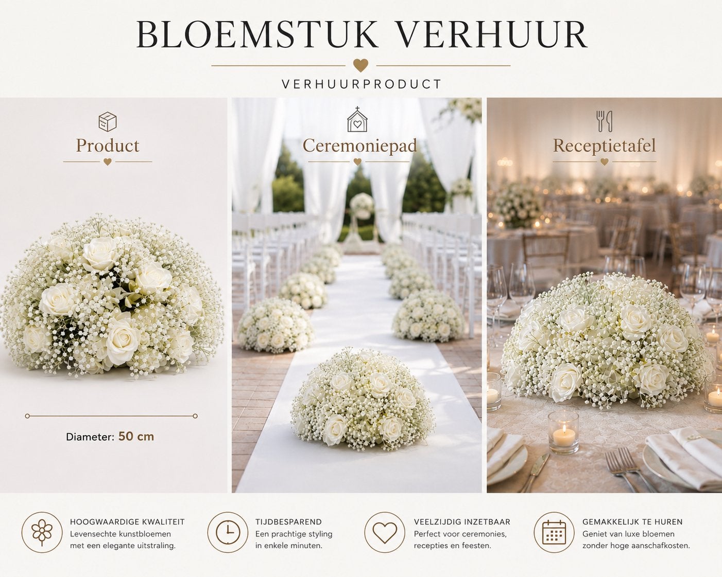 Witte bloemstukken verhuur | Bruiloft & evenementen v.a€10,-, Hobby en Vrije tijd, Feestartikelen | Verhuur, Nieuw, Geboorte of Huwelijk