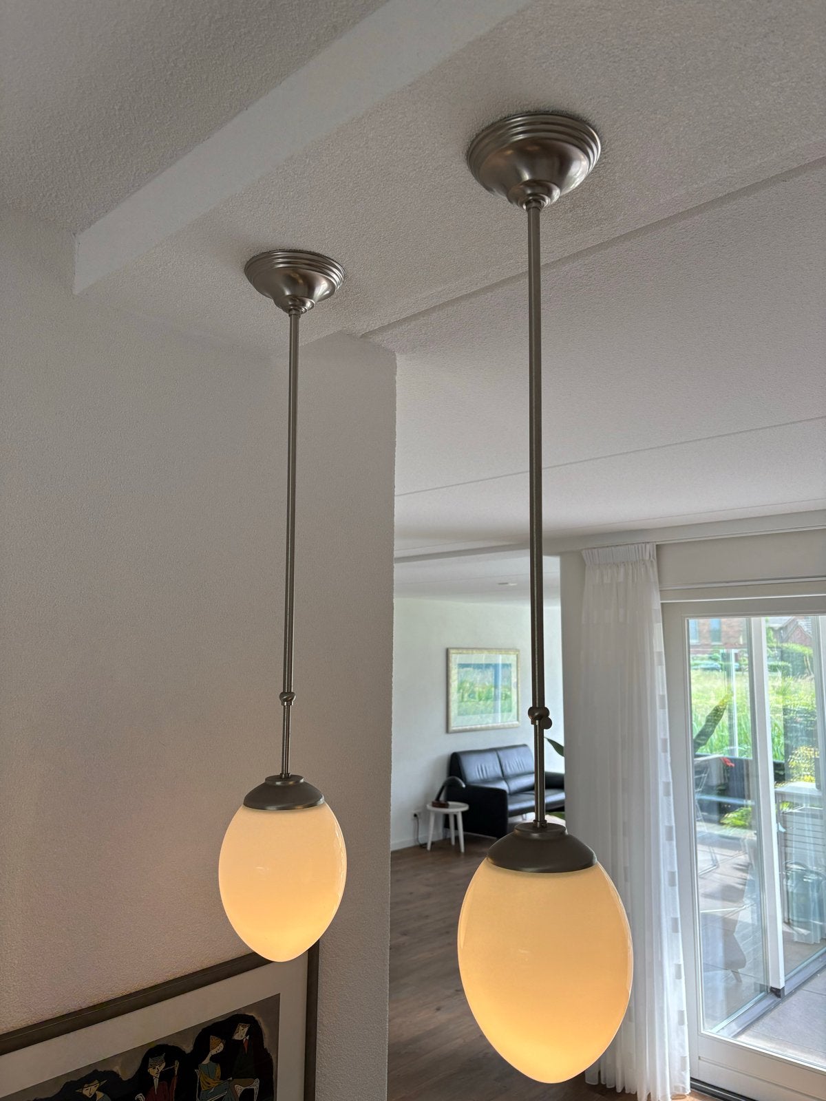 Gispen, 2 Art Deco pendel hanglampen - Nikkel & Opaalglas, Huis en Inrichting, Lampen | Hanglampen, Ophalen of Verzenden, Gebruikt