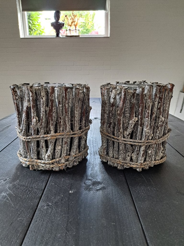Twee prachtige windlichten - kandelaars, takken., Huis en Inrichting, Woonaccessoires | Kandelaars en Kaarsen, Zo goed als nieuw