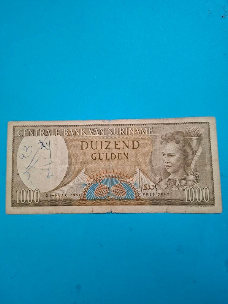 1000 Gulden Suriname uit 1957 in FR, Postzegels en Munten, Bankbiljetten | Nederland, Ophalen of Verzenden, 1000 gulden, Los biljet