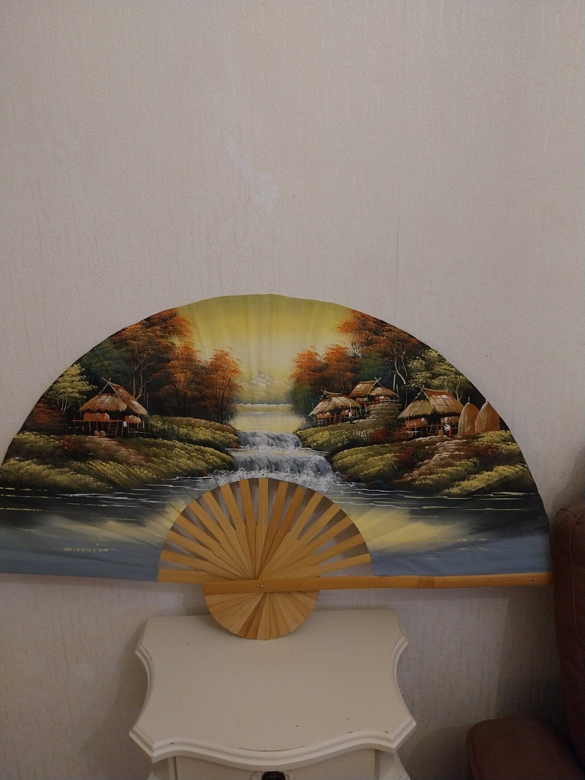 Decoratieve Oosterse Handwaaier met Landschapsschildering, Ophalen, Acrylverf, Doek, Handgeschilderd
