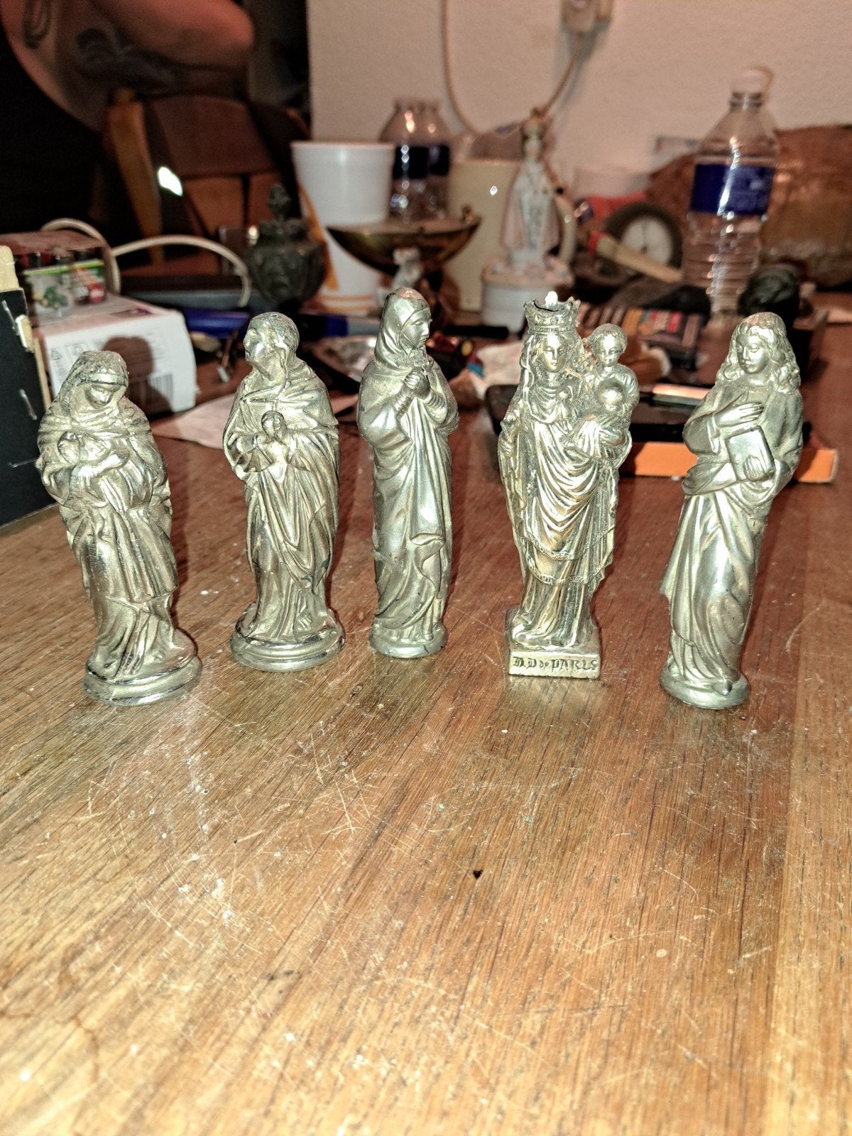 Set van 5 antieke tinnen heiligenbeelden, Antiek en Kunst, Antiek | Religie, Ophalen of Verzenden