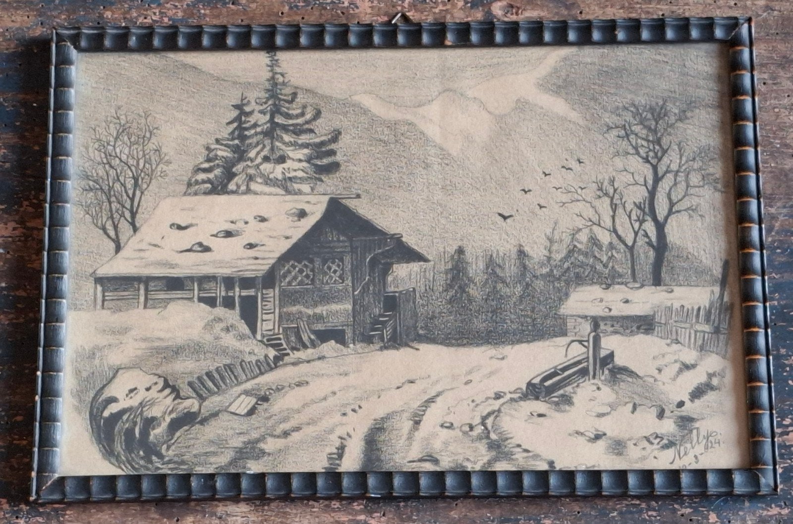 Winters landschap. Nelly. Potlood tekening. 1924. 28/19 cm., Ophalen, Tekening, Potloodtekening, Handgemaakt