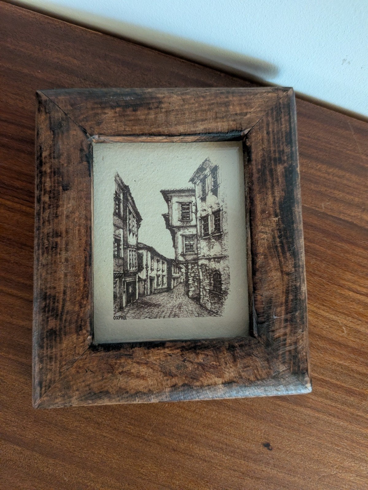 Miniatuur ingelijste tekening op handgeschept papier, Huis en Inrichting, Woonaccessoires | Schilderijen, Tekeningen en Foto's