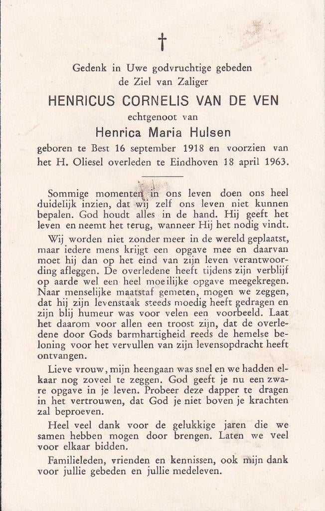 Ven Henricus 1918 Best 1963 Eindhoven, Ophalen of Verzenden, Bidprentje