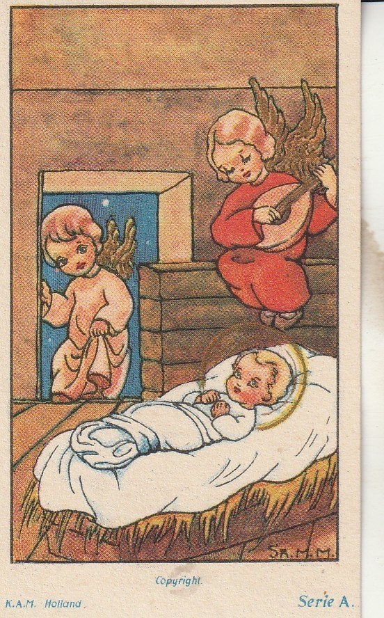 Vintage prentje Geboorte van Jezus met Engelen, Ophalen of Verzenden, Gebruikt, Kaart of Prent, Christendom | Katholiek