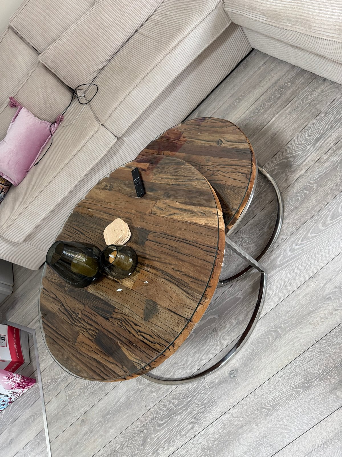 Sleeperwood salon tafel met glasplaat en chromen poten, Huis en Inrichting, Ophalen, Gebruikt, 100 tot 150 cm, Rond