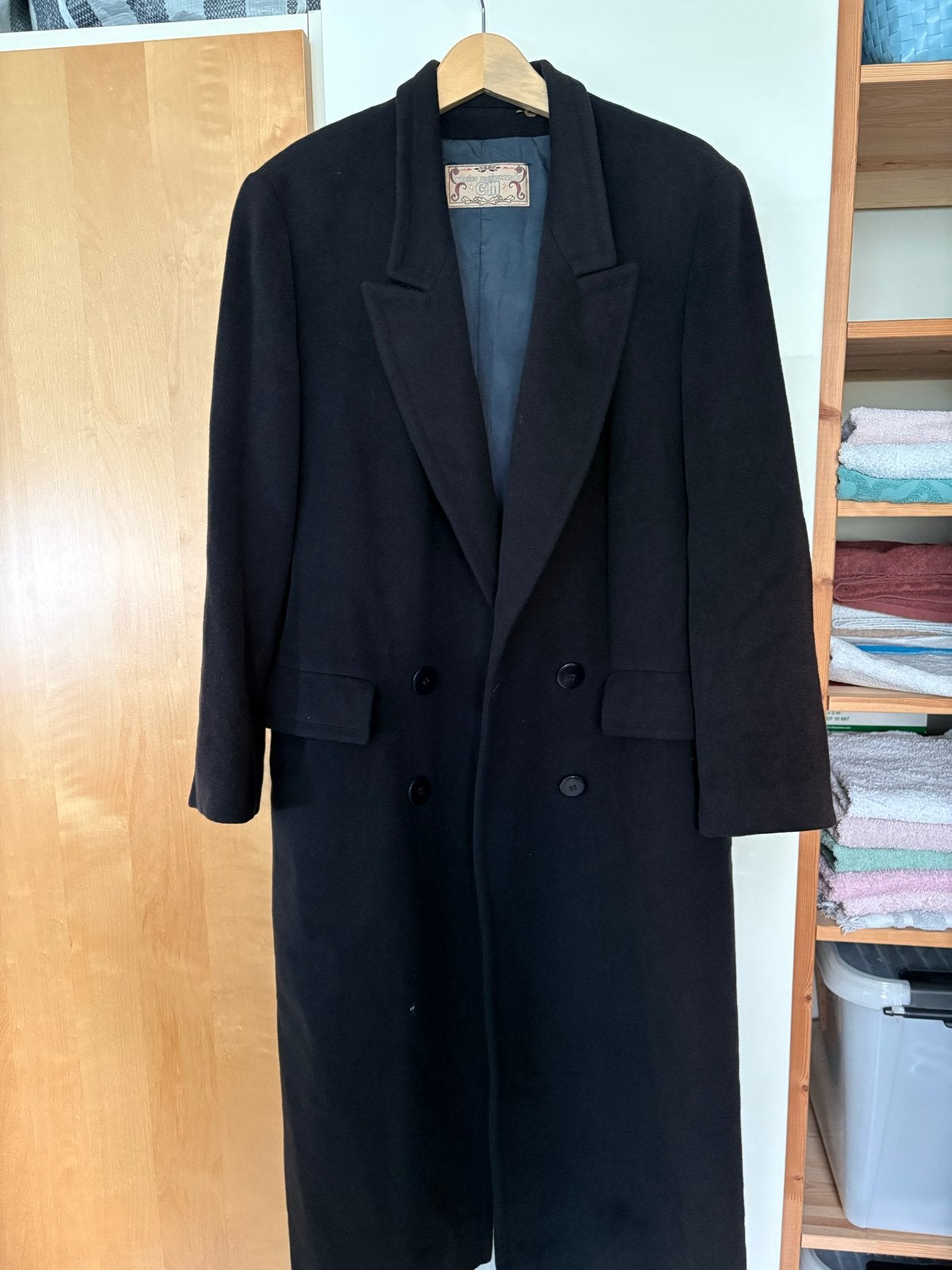 Lange zwarte winterjas van wol en angora, Ophalen of Verzenden, Gedragen, Blauw