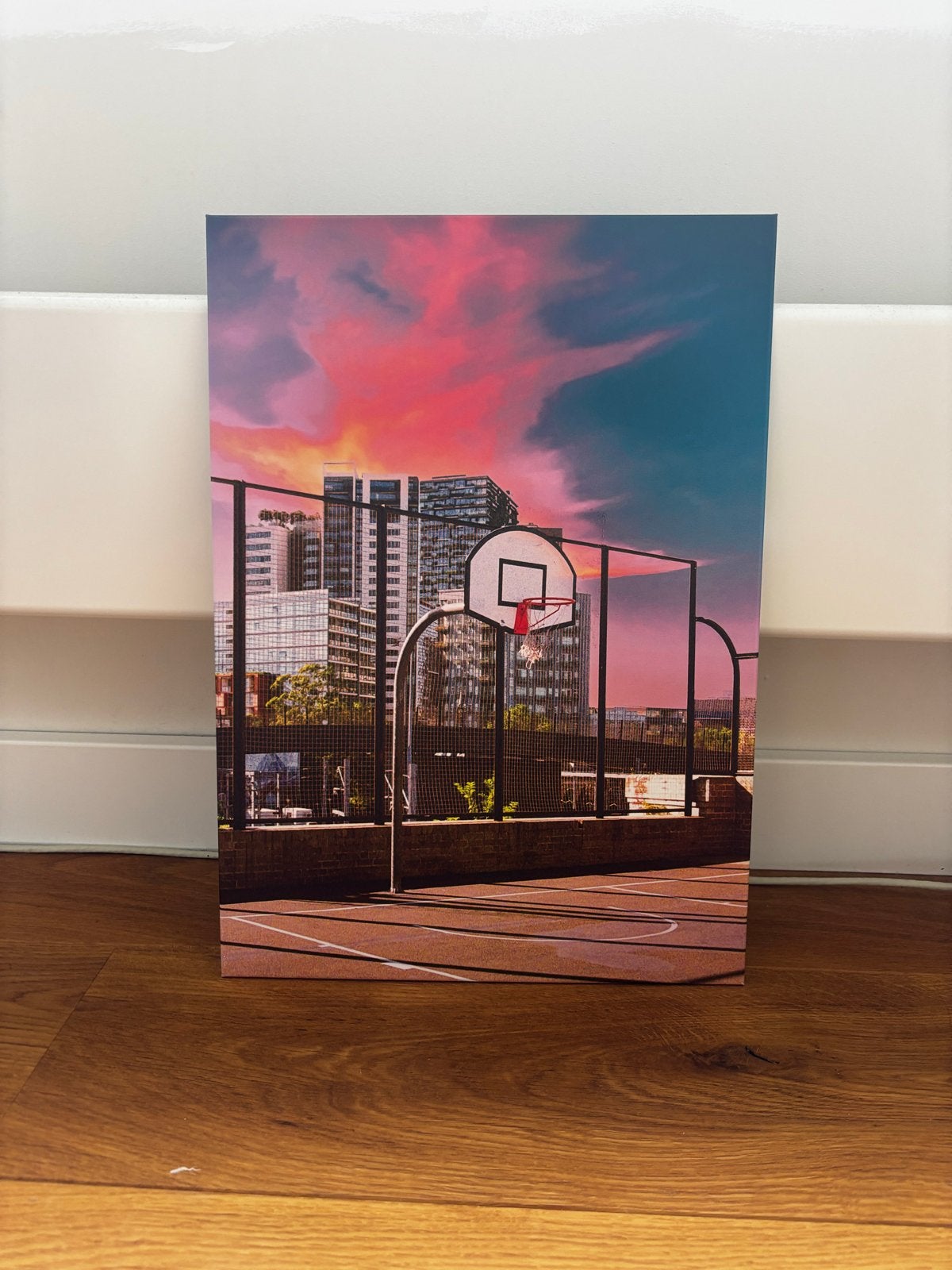 Displate Basketbalveld Zonsondergang, Ophalen, Metaal, 45 cm, Meerkleurig