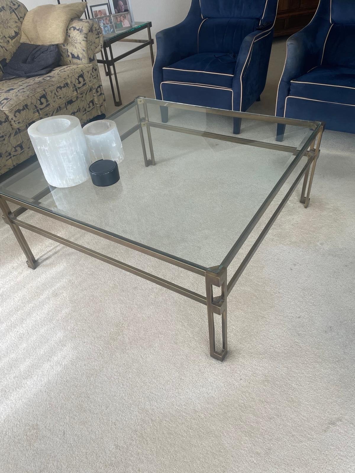 Glazen salontafel met bronzen onderstel - 100x100x43 cm, Gebruikt, Vierkant, Glas, 5 – 50