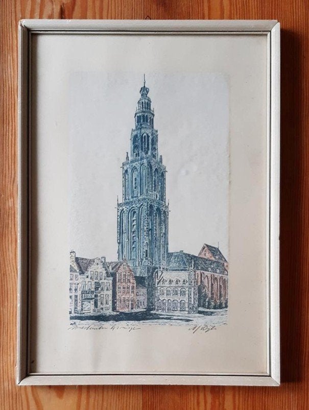 A.J. van Dijk, prent, Martinitoren Groningen, ingelijst, Antiek en Kunst, Ophalen of Verzenden