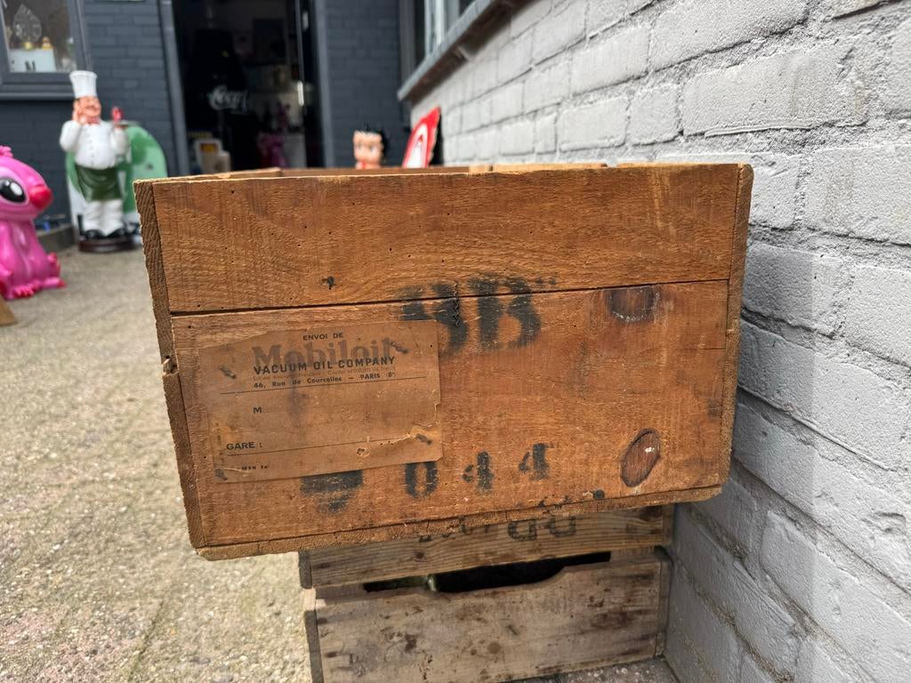 Vintage Houten Mobil Oil Kist - Authentiek en Decoratief, Antiek en Kunst, Curiosa en Brocante, Ophalen