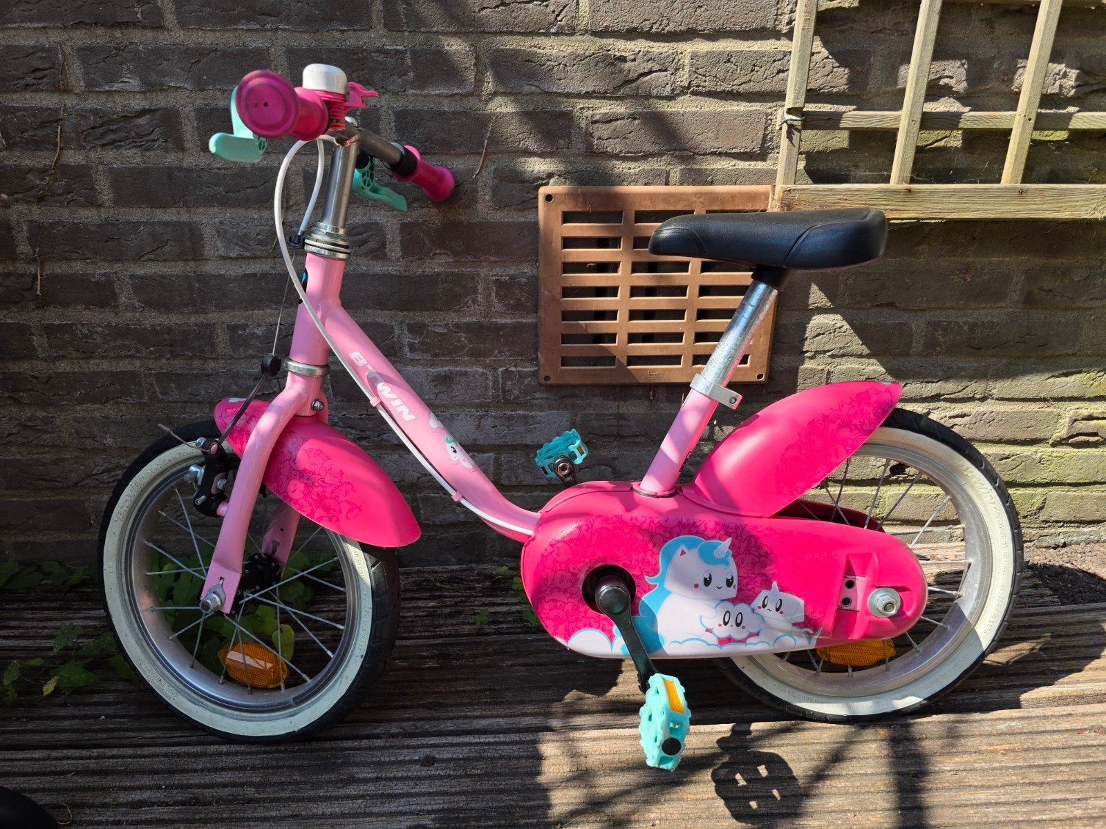 Roze kinderfiets Btwin 14 inch, Ophalen, Gebruikt, Velgrem, Minder dan 16 inch