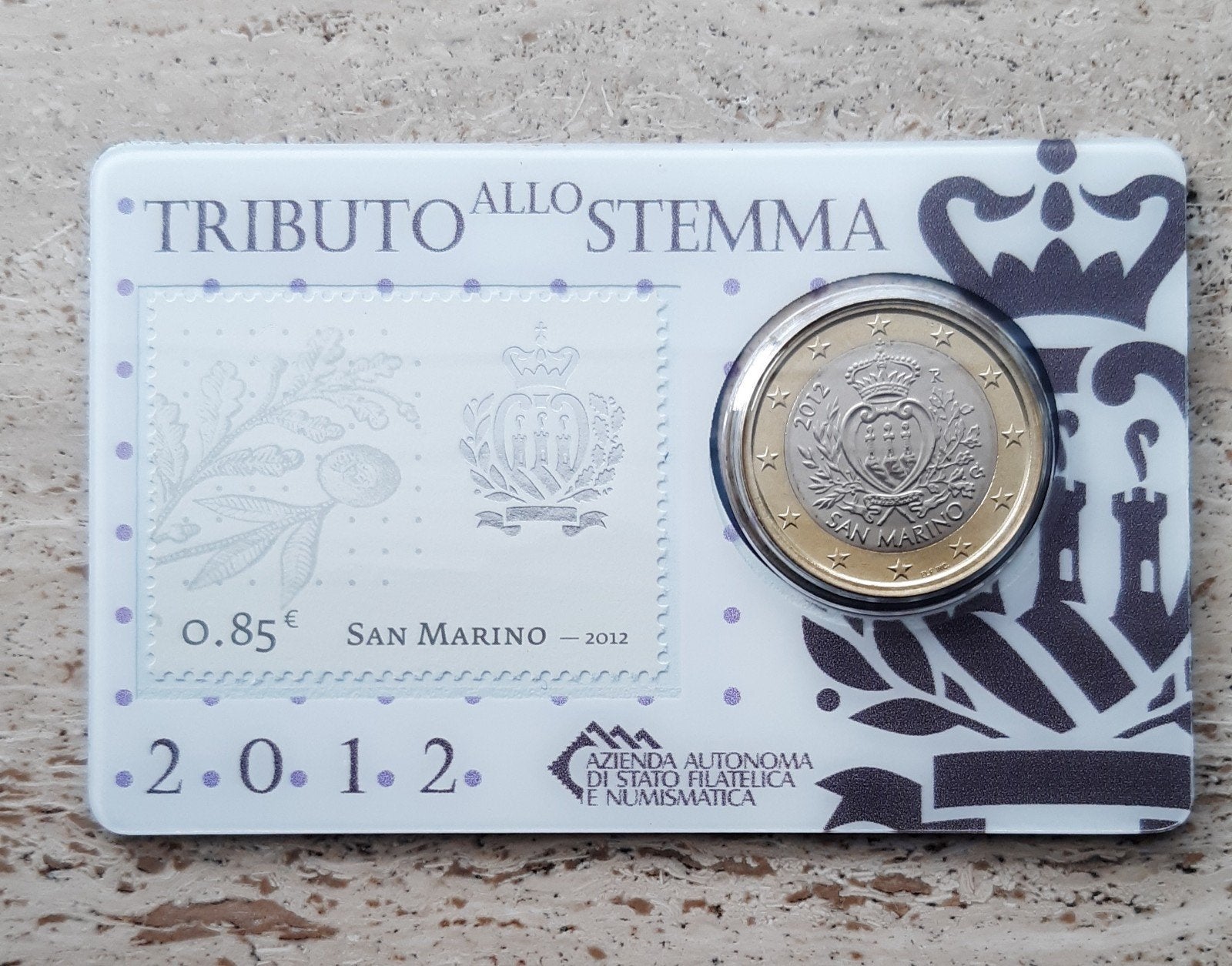 Coincard San Marino 1 euro 2012 incl. € 0,85 zegel., Ophalen