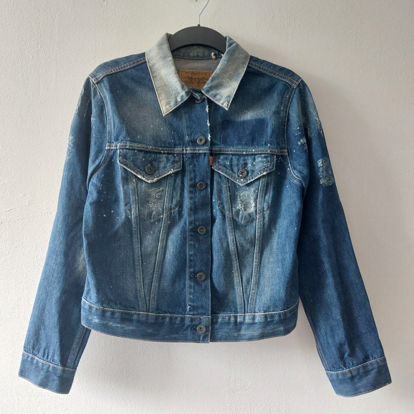 Levis Vintage Clothing distressed Orange Tab denim jacket, Blauw, Maat 42/44 (L), Ophalen of Verzenden, Gedragen