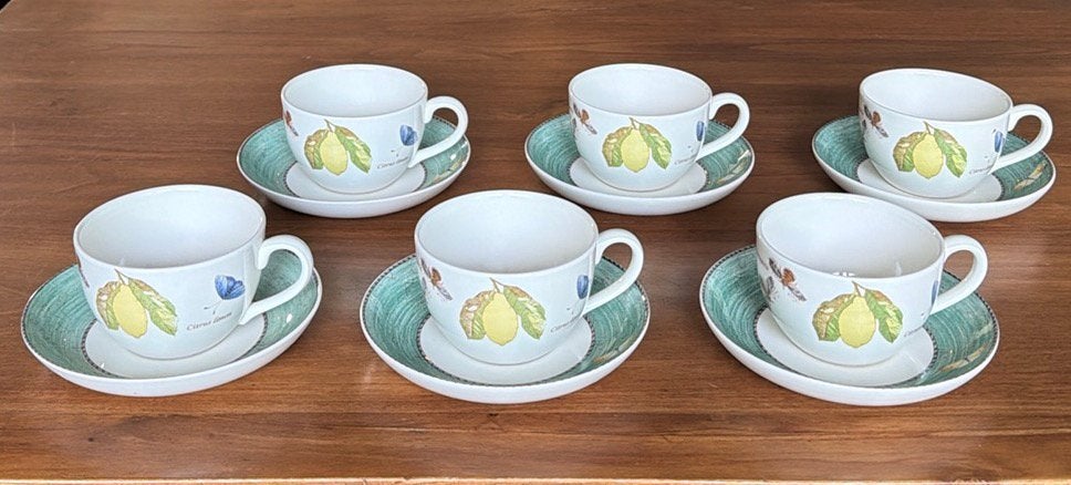 6 Wedgwood Sarah’s Garden theekop en schotels, Ophalen of Verzenden, Zo goed als nieuw, Kop(pen) en/of Schotel(s), Wedgwood