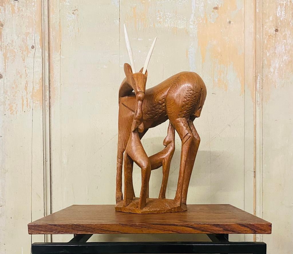 Vintage houtgesneden Gazelle / Hert,  met kalveren., Ophalen, 20 - 50 cm, Beeld, Hout